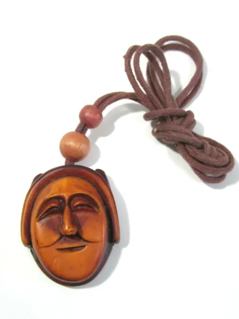 Carved Wood Man Oriental On Cord Wooden Artisan Pendant Necklace
