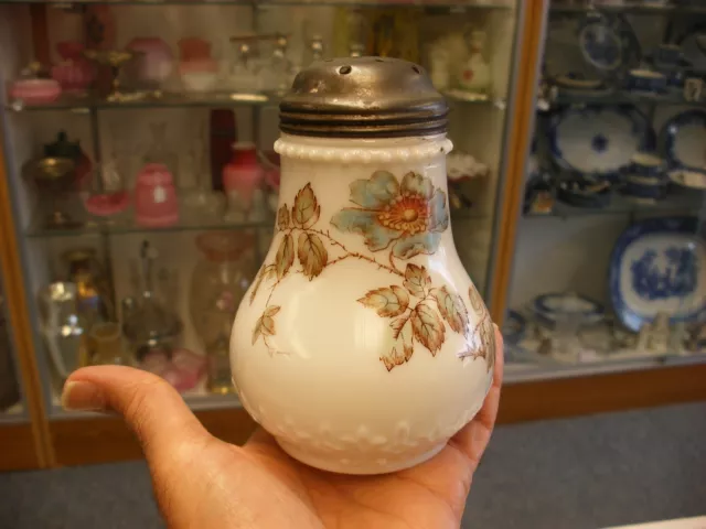 Antique Vtg Sugar Shaker Muffineer - Floral Design on Milk Glass