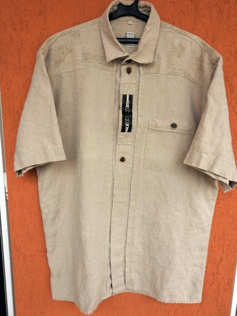ALPENLAND Trachten Traditional Mens Linen Shirt Short Sleeve (XL) Leather Trim