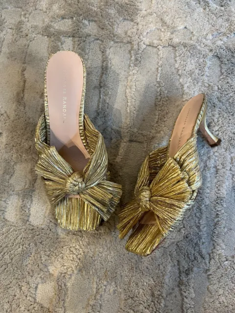 Loeffler Randall Claudia Pleated Bow Mules Sandals Gold Size 37