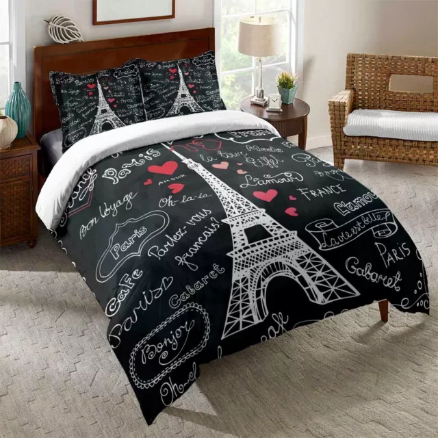 3D Paris Eiffel Tower Quilt Cover Bedding Set Doona Duvet Cover PillowCase Queen