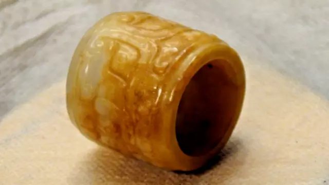 Antique Chinese Russet Stone Archer's Ring Carved On Exterior In Oriental Motifs