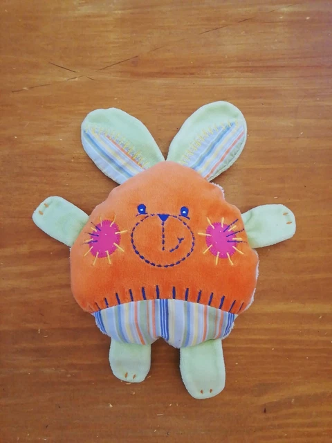 Doudou Takinou Lapin Vert Orange Grelot Hochet Jaune Rayures