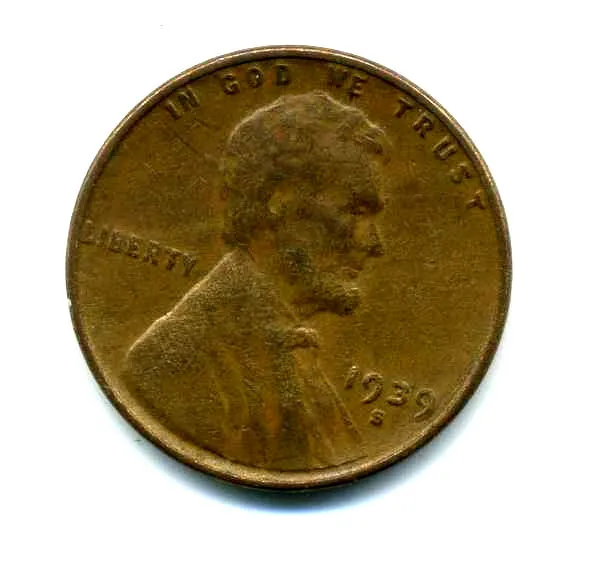Lincoln Head Wheat Cent 1939 S COPPER Circulated United States 1 Penny Coin#8277