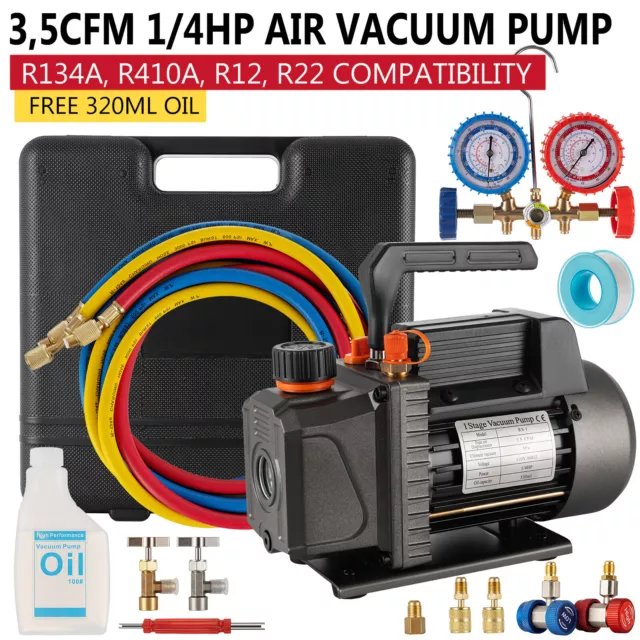 3,5CFM 1/4hp Air Vacuum Pump HVAC AC Air Tool + Manifold Gauge Set R134a Kit