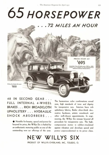 1930 Willy's Six Sedan De Luxe 65 Horsepower Toledo OH Horses Galloping Print Ad