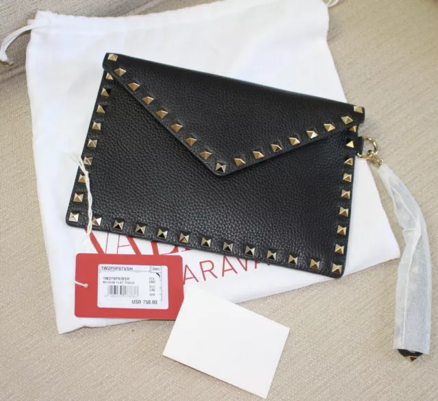 Valentino Garavani Envelope Rockstud Clutch Women's Black Leather Bag New