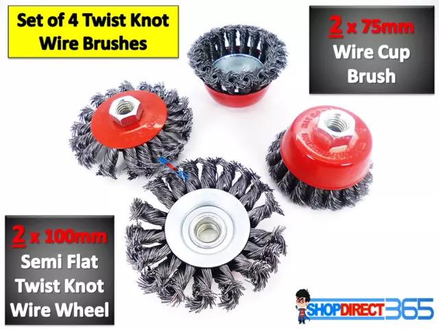 4 PIECE TWIST KNOT WIRE WHEEL CUP BRUSH SET KIT FOR 115mm ANGLE GRINDER NEW UK