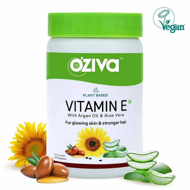 Vitamina E natural a base de plantas OZiva para piel brillante y cabello fuerte 30 tapas vegetales