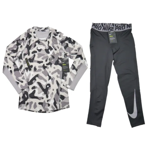 Nike Pro Warm Boys Size M Camouflage Base Layer & Legging Set Thermal Fleece NWT