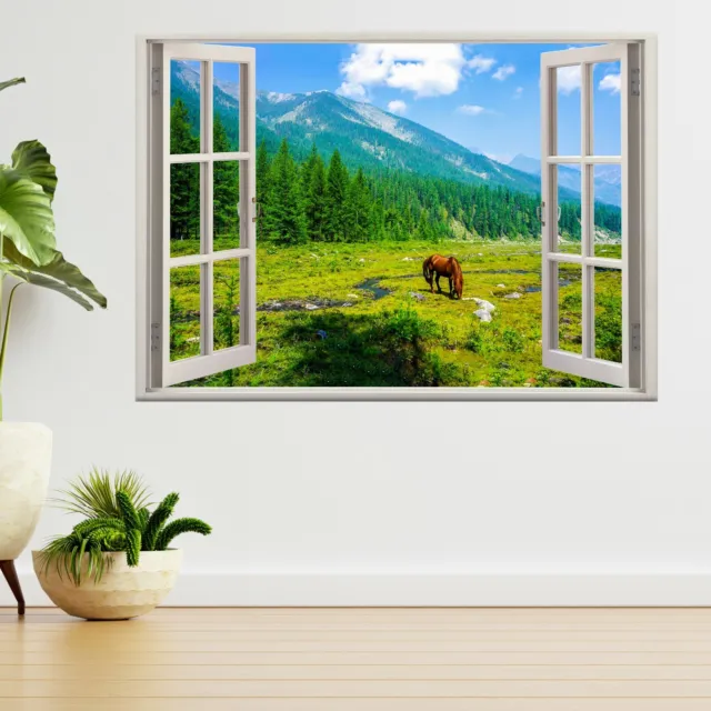 Horse in Grass Fields Mountains 3d Window View Wall Sticker Poster Decal A545