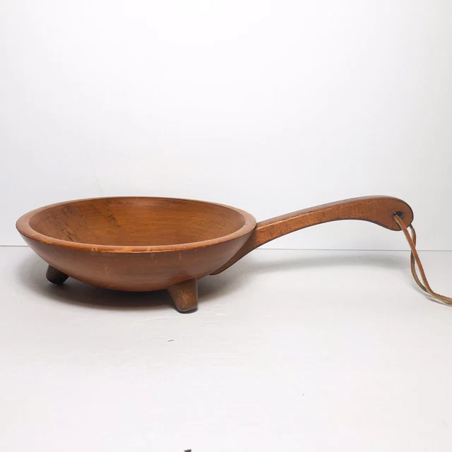 MUNISING Footed Brown Wooden Bowl w/ Handle Wood Handled Serving Dish Vintage 3