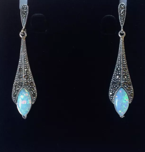 Sterling Silver Fire Opal Marcasite Long Drop Earrings Victorian Art Deco style