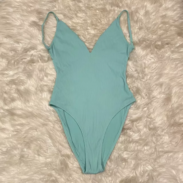 Topshop Plunge One Piece Swimsuit Sz 8 Cheeky Backless Aqua Ribbed Knit Beachy