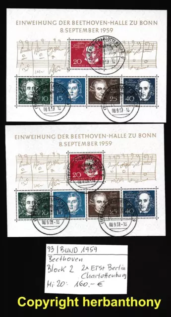 BUND 1959: 2 x Block 2 Beethoven m.ET-Stpl. BERLIN-Charlottenburg   Mi.20: 160 €