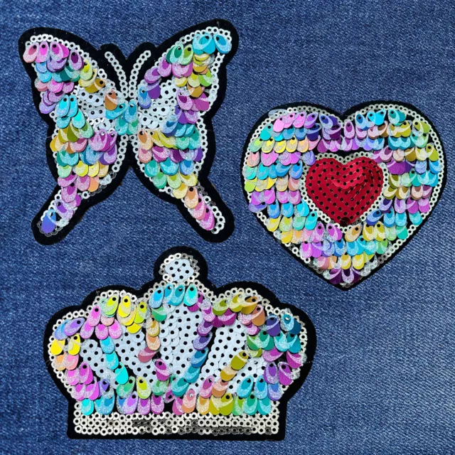 1pc Sequin crown butterfly heart shiny Embroidered Iron On Patch Applique #2429