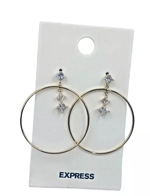 Express 1 1/2" Crystal Dangle Hoop Push Back Pierced Earrings Gold Tone Shiny