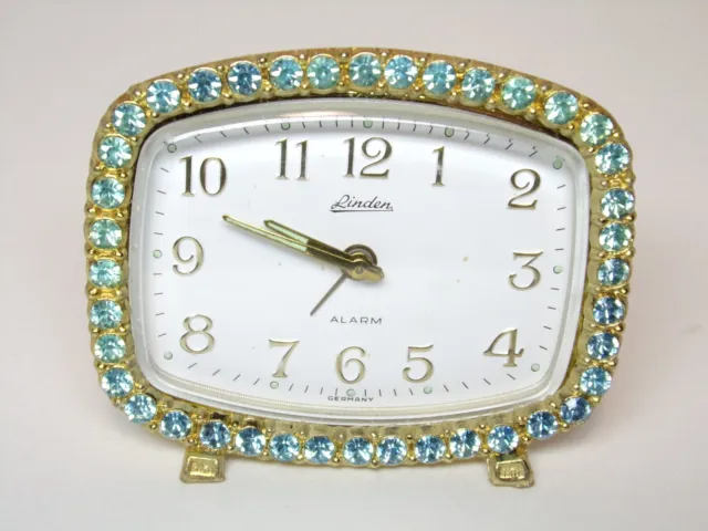 VTG. 1960's  Linden  Gold Tone Alarm Clock  w/Blue Rhinestones  Made In Germany