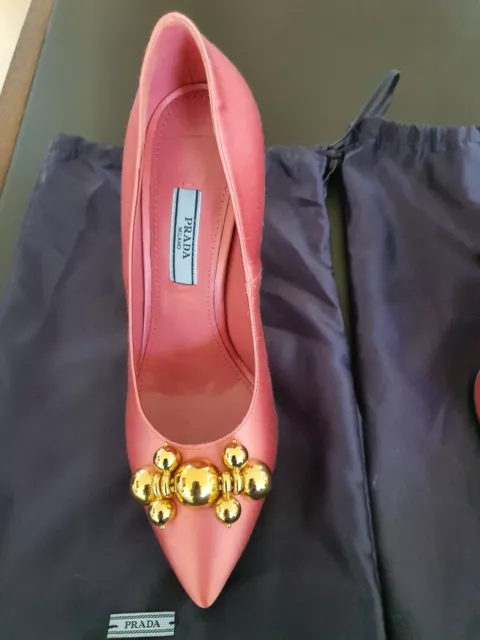 Prada Satin Pink Shoes with Gold Bauble Embellishments. Size 36. Never Worn. 2