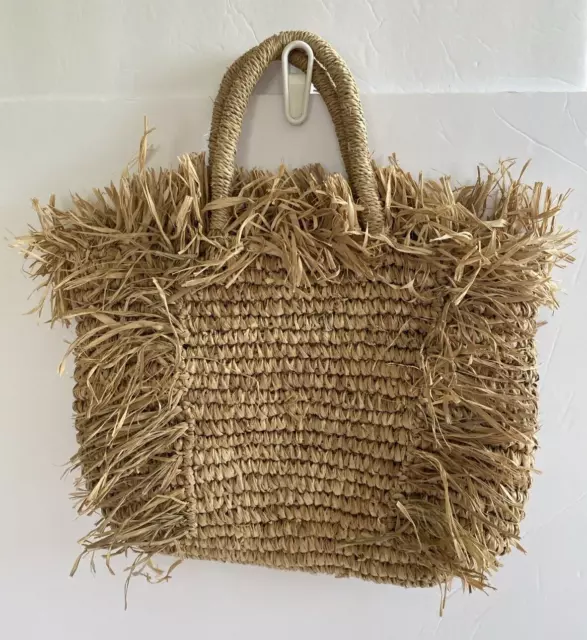 Free People Woven Raffia Summer Beach Tote Handbag Natural Fringe