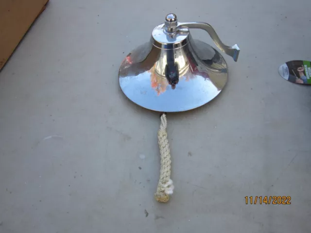 Chrome over Brass Nautical Ship Boat Bell With Wall Mount Bracket 8"