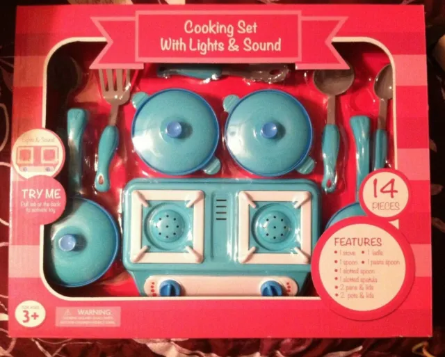 Gift for Girls Toys Blue Cookware Set Pots & Pans 14-pc Stove Lights Sounds