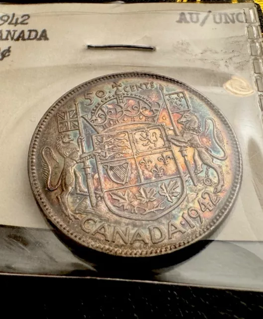 Moneda de plata de 50 c de 50 c de Canadá 1942 bellamente tonificada