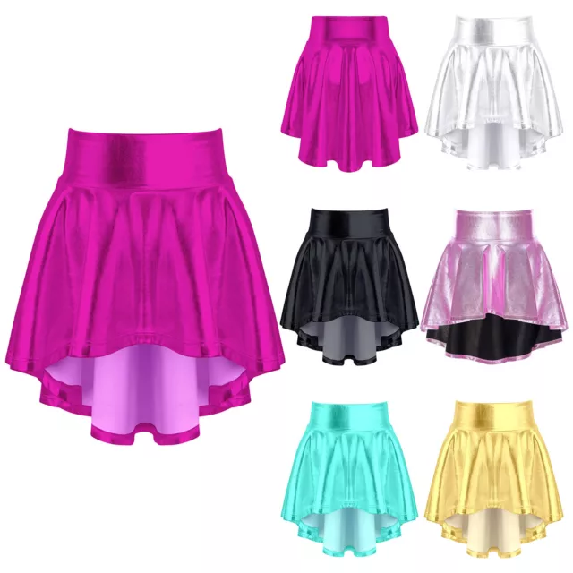 Kids Girls Shiny Metallic Flared Pleated Mini Skirts Skater Skort Dance Skirt