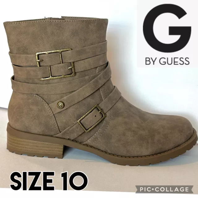 G by Guess Ankle Boots Womens Tan Vegan Leather Buckle Accent Side Zip Size 10