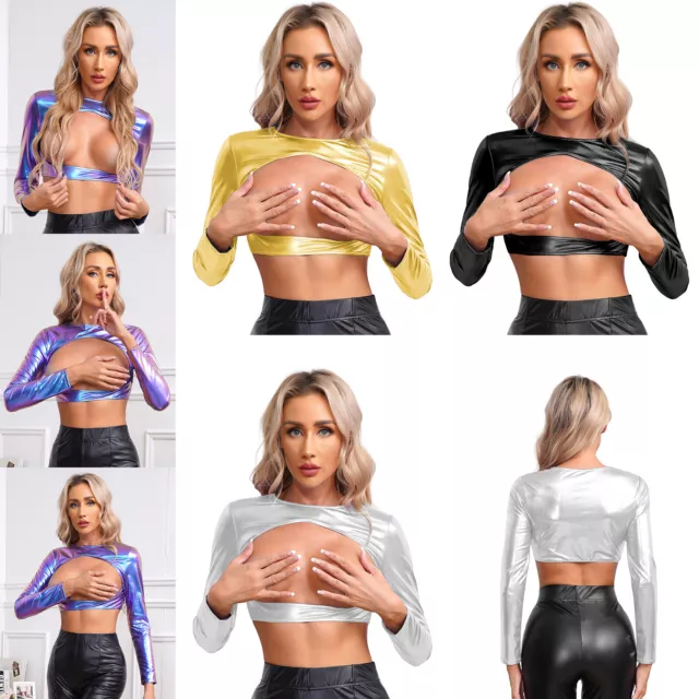 Womens Shirt Rave Tee Performance Top Open Bust Crop Top Festival PVC Party Bra