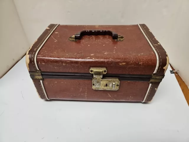 VTG Suitcase Trunk Train Case Leather Trim Suitcases Retro Antique Luggage 12.5"