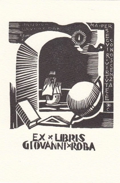 Exlibris Bookplate Hochdruck Bruno da Osimo 1888-1962 Globus Segelschiff