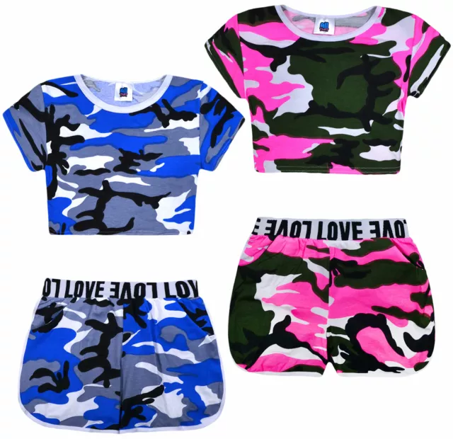 Girls Camo Crop Top And Shorts Outfit New Kids Summer Set Blue Pink Age 5-13 Yrs