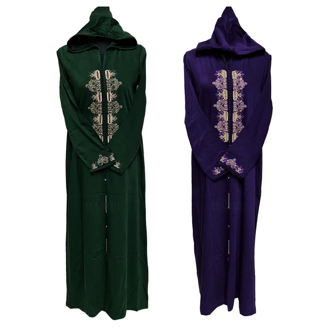Women's Moroccan Purple Green Cotton Malifa Wool Blend Long Sleeve Hooded Dje...
