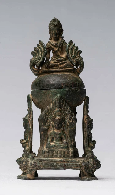 Ancien Thai Style Bronze Bouddha & Naga Stupa -13.5cm / 5 " Grand