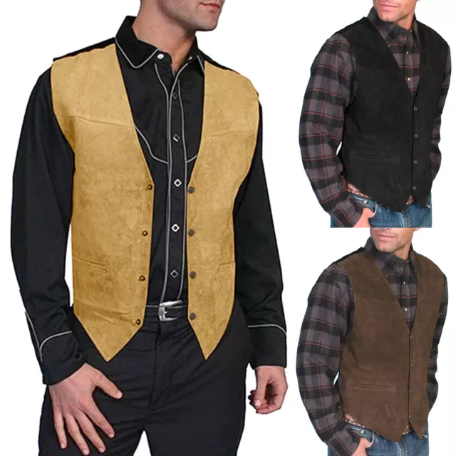 Mens Cowboy Vest Western Vest Retro Faux Suede Waistcoat for Men Sleeveless Vest