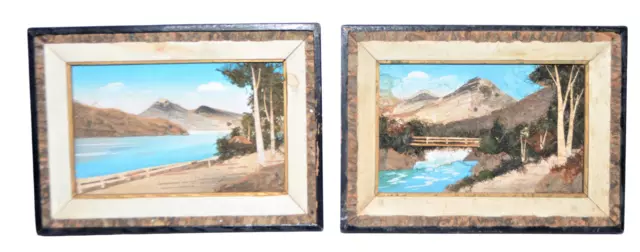 Vintage Japanese Bark Art Pictures Nature Scape Mountain Scene Wood Handcrafted