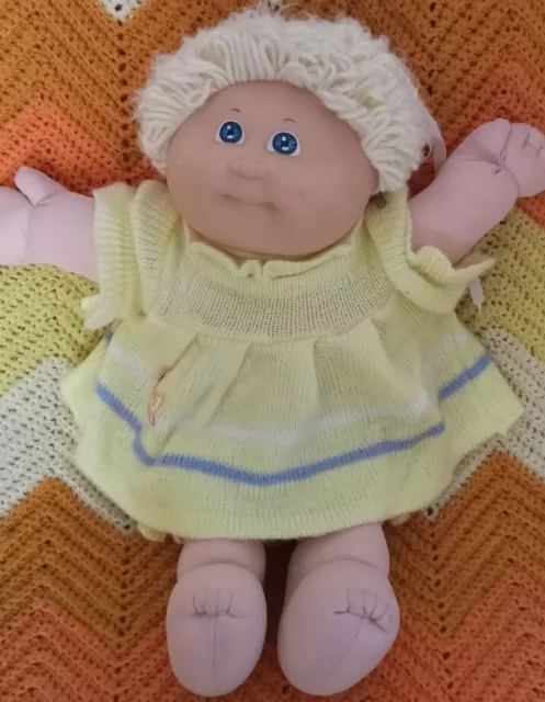 Cabbage Patch Kid Baby 1985 KT Lemon Curls Blue Eyes Yellow Dress