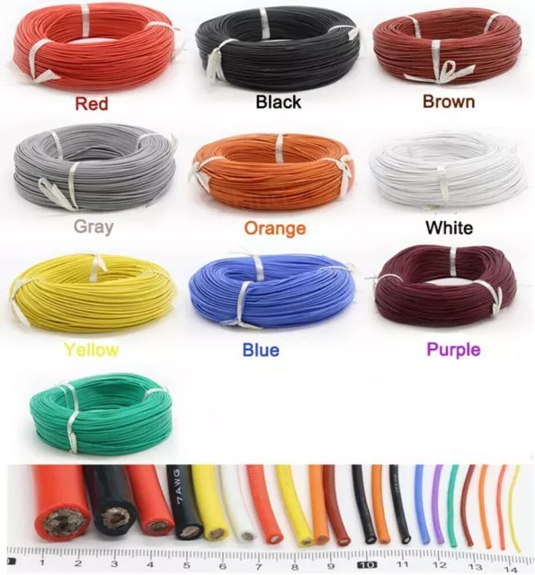 UL 10AWG Flexible Soft Silicone Cable Wire 0.08mm Stranded Copper Wires 7 Colour