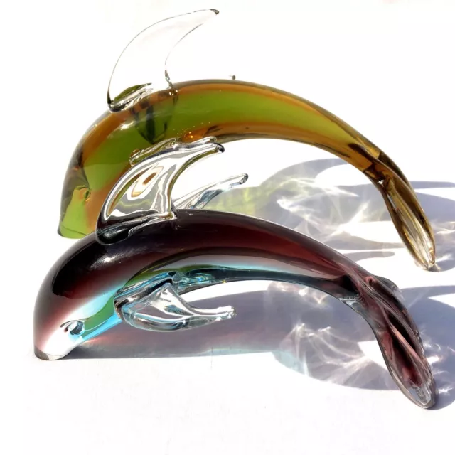 Beautiful Pair of Murano Style Glass Dolphins Dual Coloured FM Ronneby Sweden
