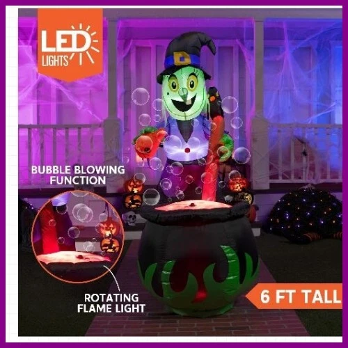 6 FT Halloween Inflatable Witch w/ Cauldron & Bubbling Potion Blow up Witch Pot