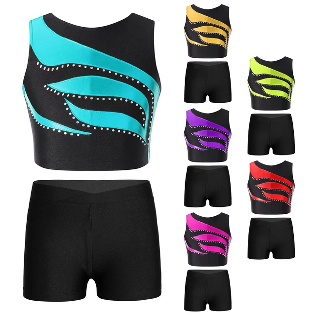 Kids Girl Gymnastics Workout Outfits Sleeveless Ballet Dance Crop Top Shorts Set