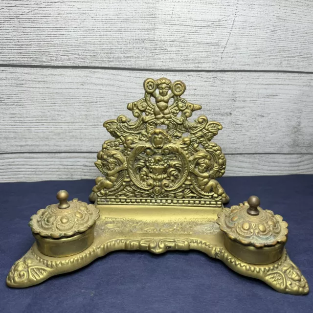 Art Nouveau Ornate Brass Double Inkwell Letter Holder Cherubs Missing 1 Ink Cup