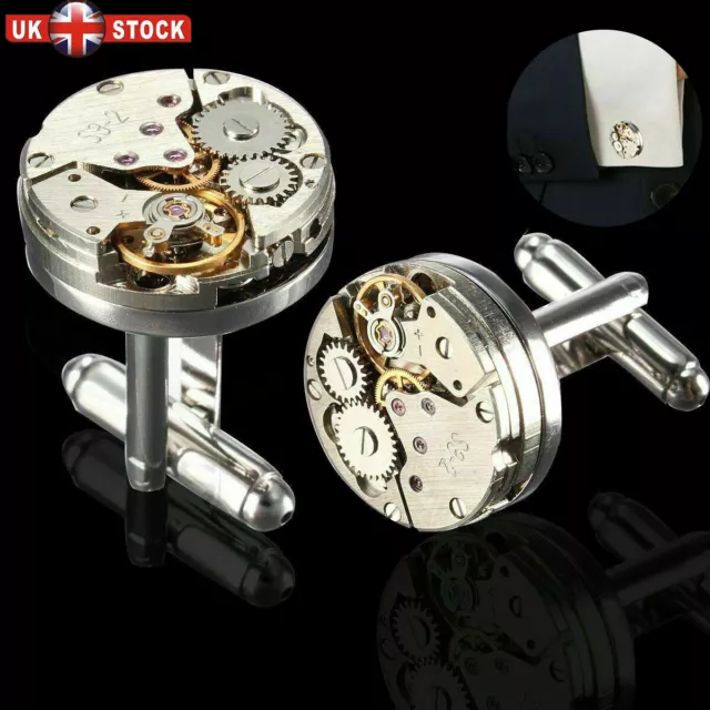 Watch Movement Steampunk Silver Cufflinks Cuff Links Vintage Mens Wedding Gifts