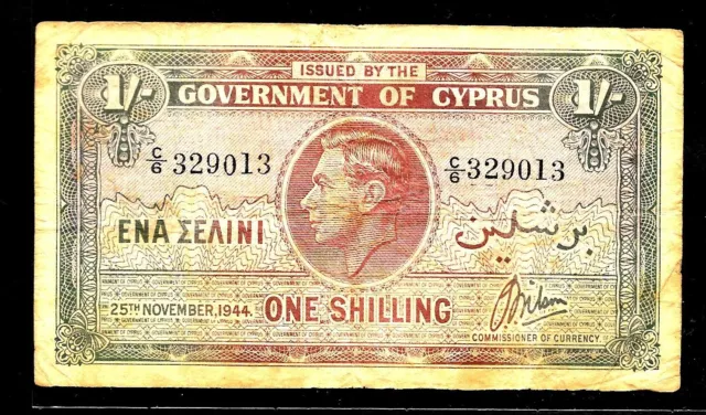 "RARE ISSUE DATE 25.11.1944" Cyprus P20(4) BRITISH 1 Shilling KGVI GF Wilson aVF