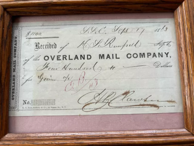 Old 1863 Original Overland Mail Company Receipt Framed 8-1/2” X  6-1/2”