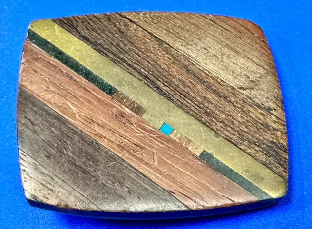 Exotic Wood Turquoise Inlay Brass Modernist Geometric Design vintage belt buckle