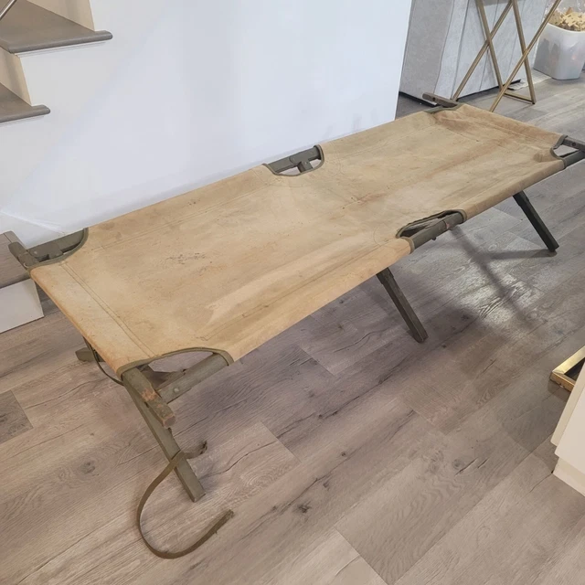 VINTAGE WWII ARMY military cot bed wooden and canvas $200.00 - PicClick