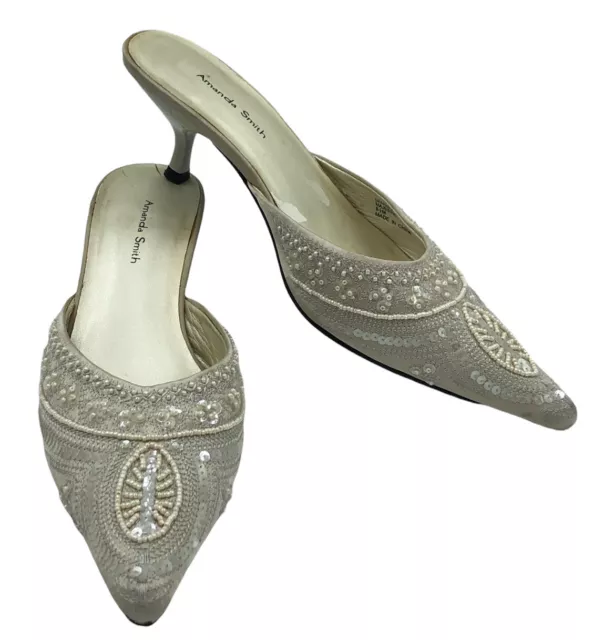 Amanda Smith Majestic Cream Color Bead Sequin Slip on Women's Shoes Sz 6.5M