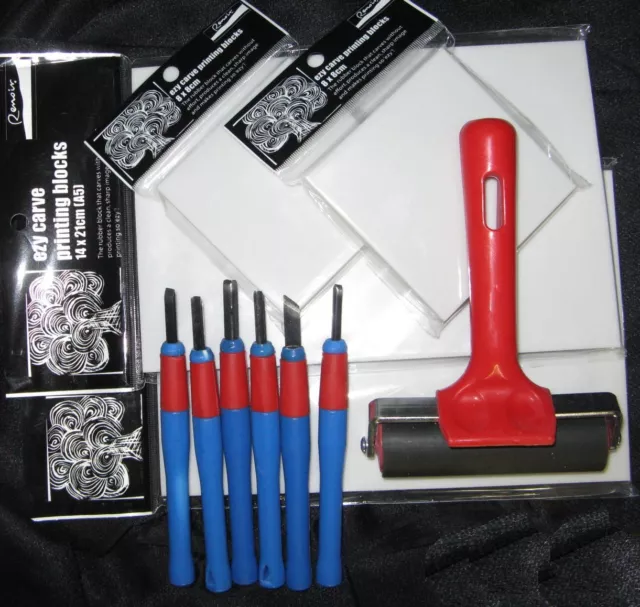 Lino Alternative / Ezy Carve Block Printing Set + Brayer + Carving Tools